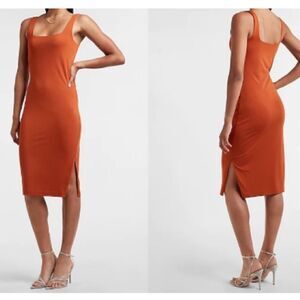 Express NWT Body Contour Square Neck MIDI Sheath Dress Sleeveless Rust Orange
